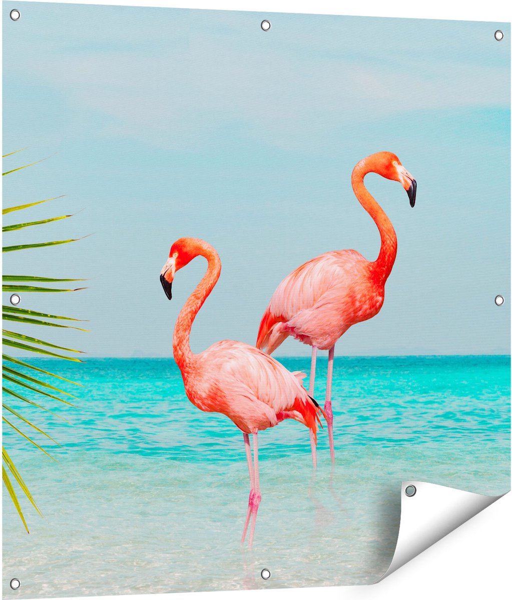 Gards Tuinposter Twee Flamingo's in het Water - 90x90 cm - Tuindoek - Tuindecoratie - Wanddecoratie buiten - Tuinschilderij Multikleur