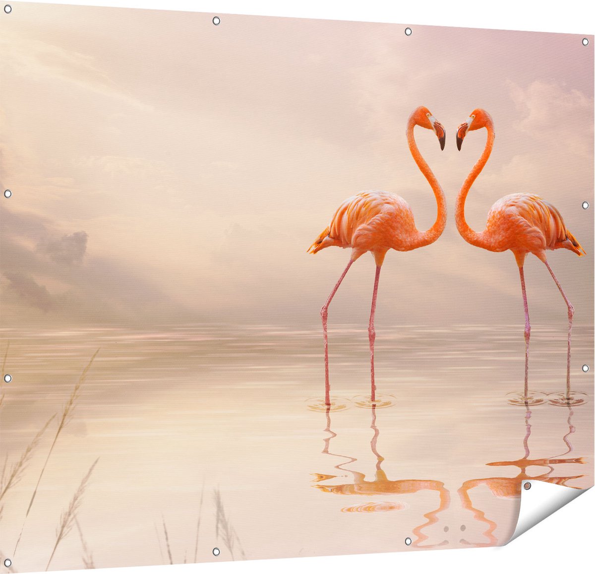 Gards Tuinposter Twee Flamingo's in een Hartjes Vorm - 150x120 cm - Tuindoek - Tuindecoratie - Wanddecoratie buiten - Tuinschilderij Multikleur