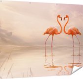 Gards Tuinposter Twee Flamingo's in een Hartjes Vorm - 150x120 cm - Tuindoek - Tuindecoratie - Wanddecoratie buiten - Tuinschilderij