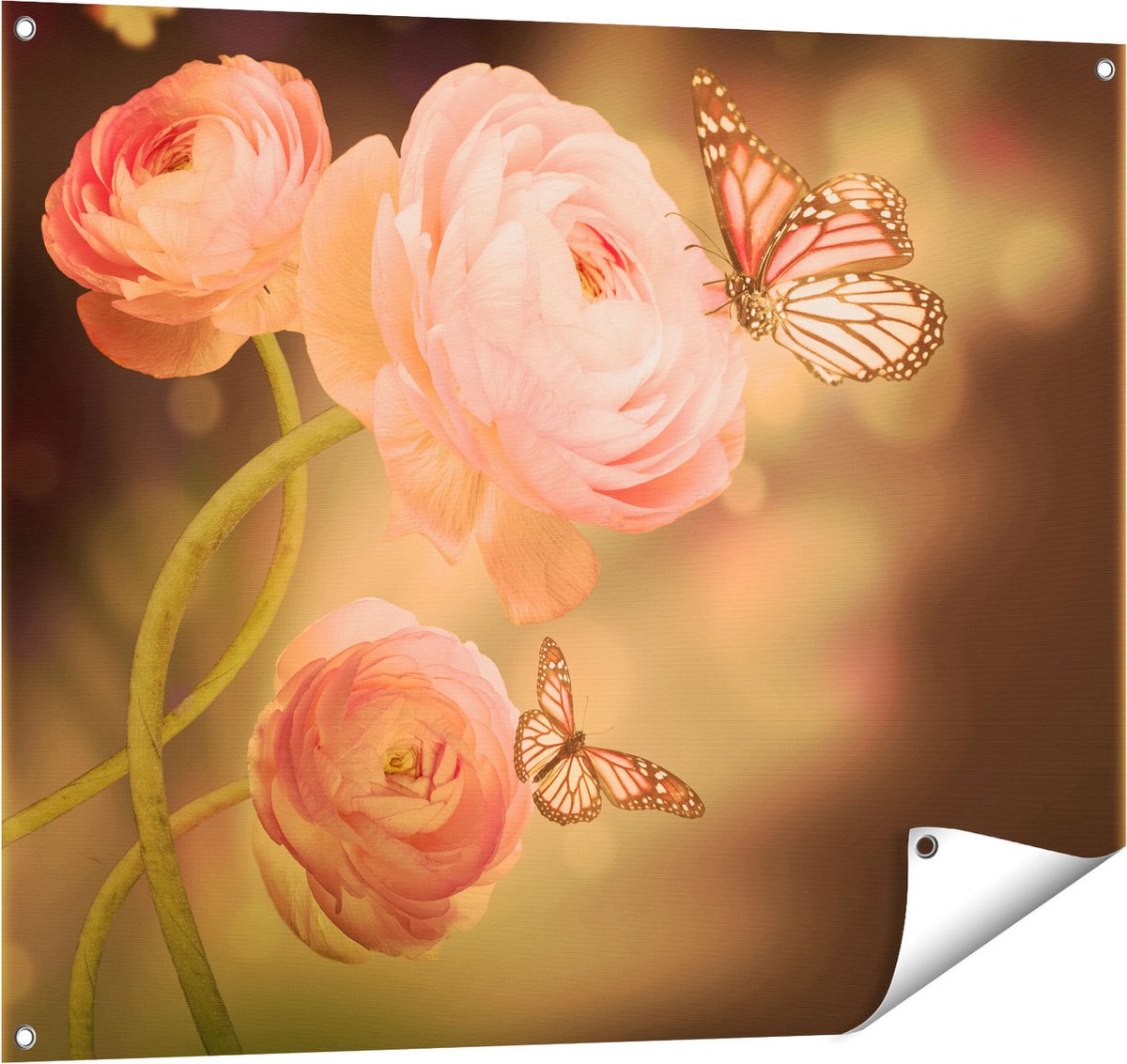 Gards Tuinposter Twee Roze Vlinders bij Roze Rozen - 100x80 cm - Tuindoek - Tuindecoratie - Wanddecoratie buiten - Tuinschilderij Multikleur