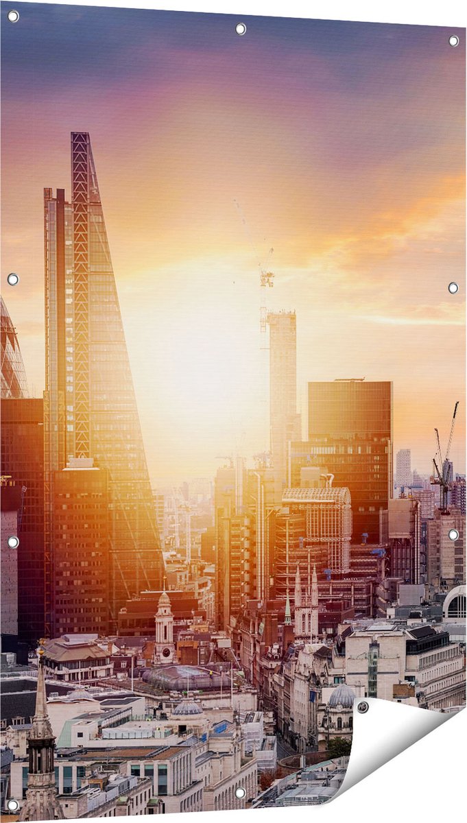 Gards Tuinposter Londen Stad bij Zonsopgang - 80x120 cm - Tuindoek - Tuindecoratie - Wanddecoratie buiten - Tuinschilderij Multikleur