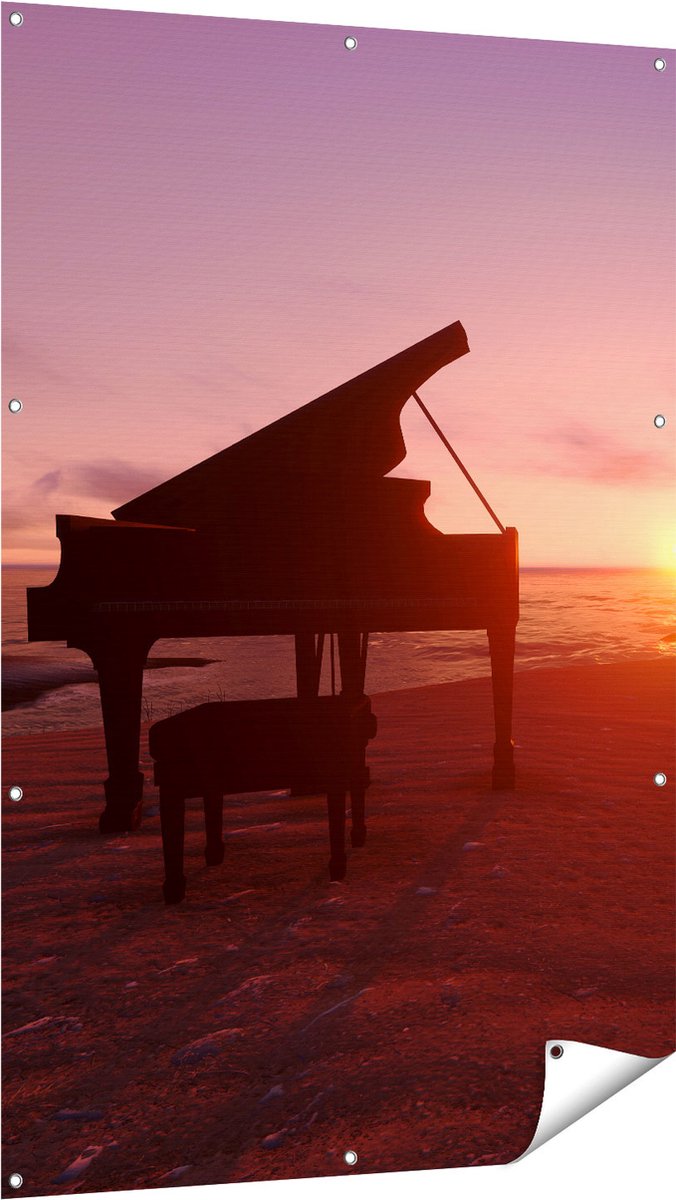 Gards Tuinposter Piano op het Strand bij Zonsondergang - 100x150 cm - Tuindoek - Tuindecoratie - Wanddecoratie buiten - Tuinschilderij Multikleur