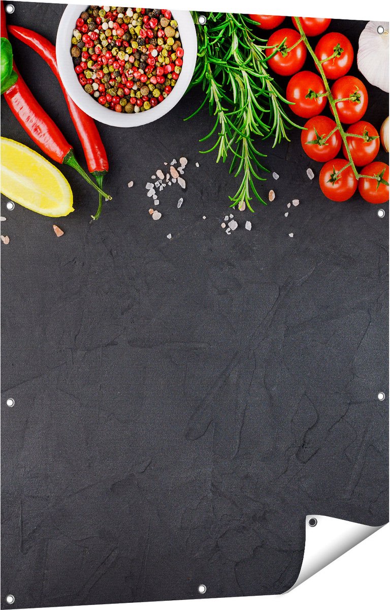 Gards Tuinposter Kruiden met Groenten op een Zwarte Plaat - 90x120 cm - Tuindoek - Tuindecoratie - Wanddecoratie buiten - Tuinschilderij Multikleur