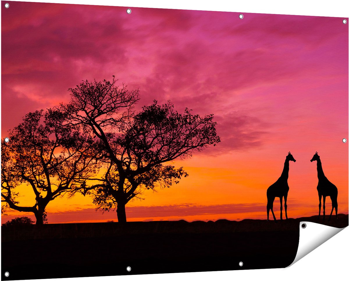 Gards Tuinposter Twee Giraffe Silhouetten bij Zonsondergang - 150x100 cm - Tuindoek - Tuindecoratie - Wanddecoratie buiten - Tuinschilderij Multikleur