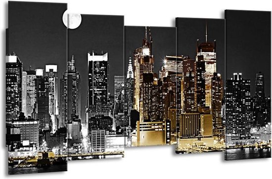 GroepArt - Canvas Schilderij - New York - Zwart, Wit, Geel - 150x80cm 5Luik- Groot Collectie Schilderijen Op Canvas En Wanddecoraties