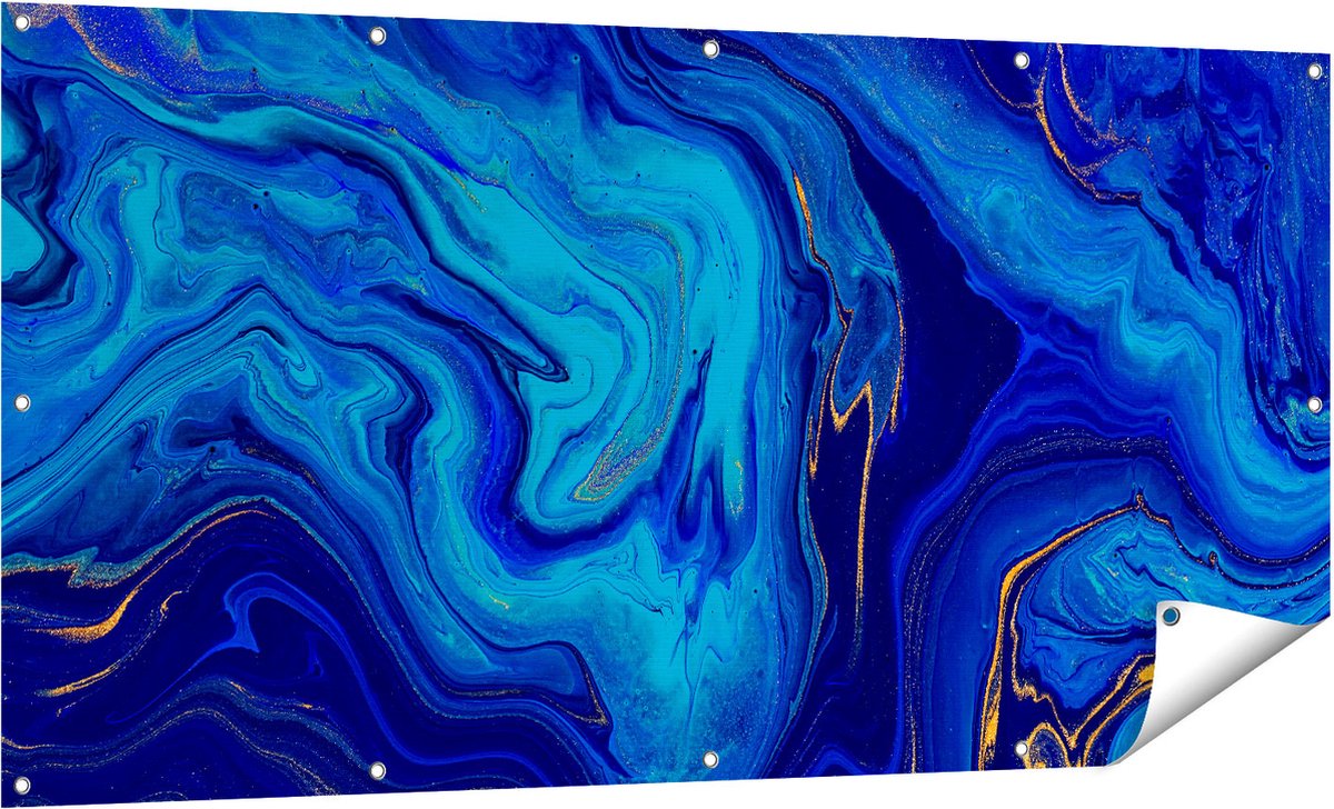 Gards Tuinposter Abstracte Kunst - Blauw met Gouden Verf - 160x80 cm - Tuindoek - Tuindecoratie - Wanddecoratie buiten - Tuinschilderij Multikleur
