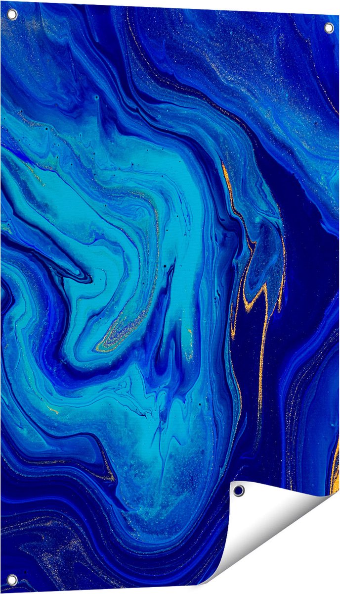 Gards Tuinposter Abstracte Kunst - Blauw met Gouden Verf - 60x90 cm - Tuindoek - Tuindecoratie - Wanddecoratie buiten - Tuinschilderij Multikleur