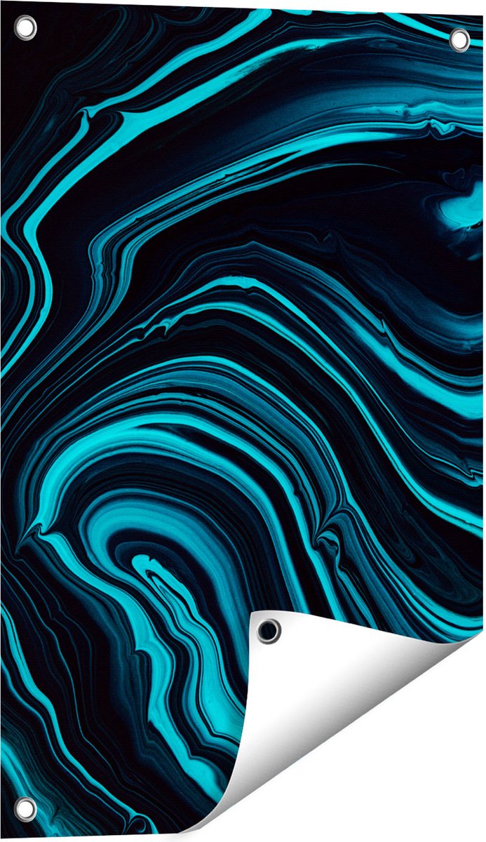 Gards Tuinposter Abstracte Kunst - Aqua Blauw met Zwart - 40x60 cm - Tuindoek - Tuindecoratie - Wanddecoratie buiten - Tuinschilderij Multikleur