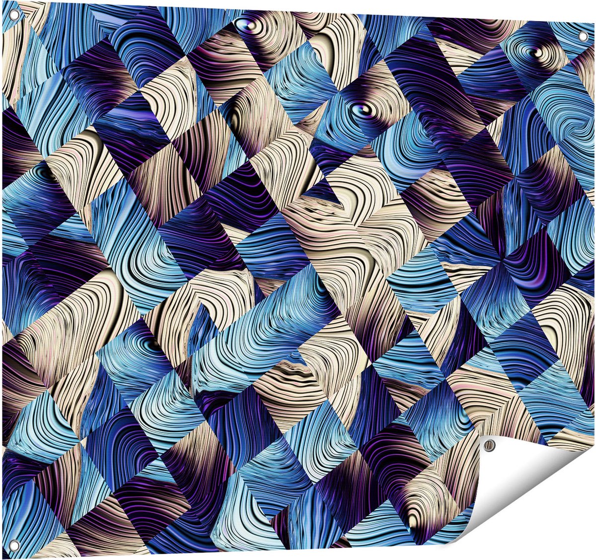 Gards Tuinposter Abstracte Kunst met Blauwe en Gouden Ruiten - 100x80 cm - Tuindoek - Tuindecoratie - Wanddecoratie buiten - Tuinschilderij Multikleur