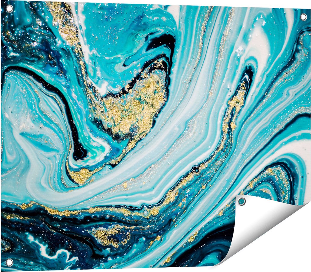 Gards Tuinposter Abstracte Luxe Kunst in het Blauw met Goud - 80x60 cm - Tuindoek - Tuindecoratie - Wanddecoratie buiten - Tuinschilderij Multikleur
