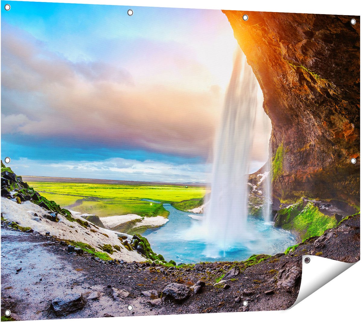 Gards Tuinposter Waterval van een Klif bij Zonsondergang - 120x90 cm - Tuindoek - Tuindecoratie - Wanddecoratie buiten - Tuinschilderij Multikleur