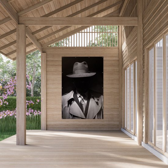 Gards Affiche de jardin Homme au Chapeau dans le Noir - Zwart Wit - 120x180 cm - Toile jardin - Décoration de jardin - Décoration murale extérieur - Tableau jardin