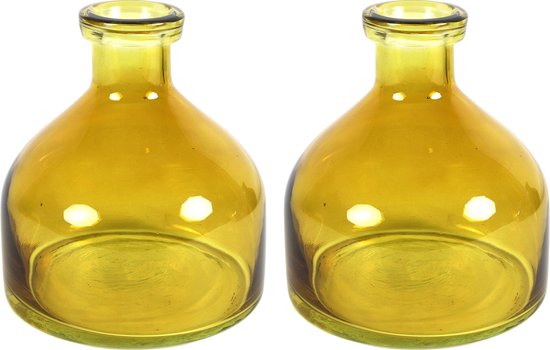 Countryfield Bloemenvaas Low Bottle - 2x - transparant mosterdgeel - glas - D18 x H20 cm - Buikfles