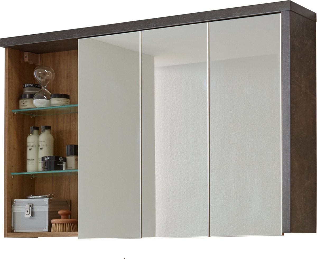 Trendteam Smart Living Badkamer Spiegelkast. 123 x 71 x 18 cm Corpus beton stone decor, front eiken Riviera honing