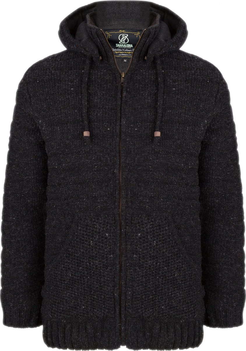 Gebreid Wollen Heren/Uni Vest van Schapenwol met Polyester Fleece voering en afneembare capuchon SHAKALOHA M Chuck Ziphood 3XL Antraciet