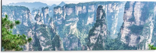 Dibond - Hoge Stijle Rotsen met Minimale Begroeiing in Zhangjiajie, China - 90x30 cm Foto op Aluminium (Met Ophangsysteem)