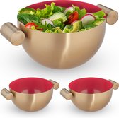 Relaxdays 3x serveerkom rvs - saladeschaal 1 liter - mengkom goud - metalen schaal keuken
