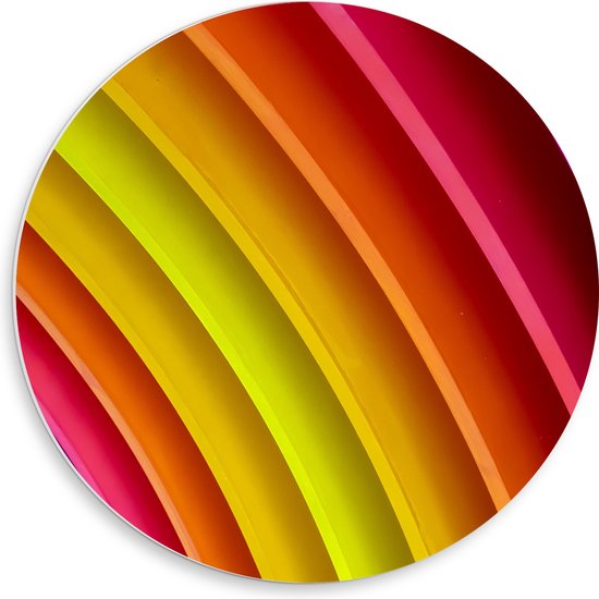PVC Schuimplaat Muurcirkel - Banen van Felle Kleuren Oranje, Geel, Roze en Paars - 50x50 cm Foto op Muurcirkel (met ophangsysteem)
