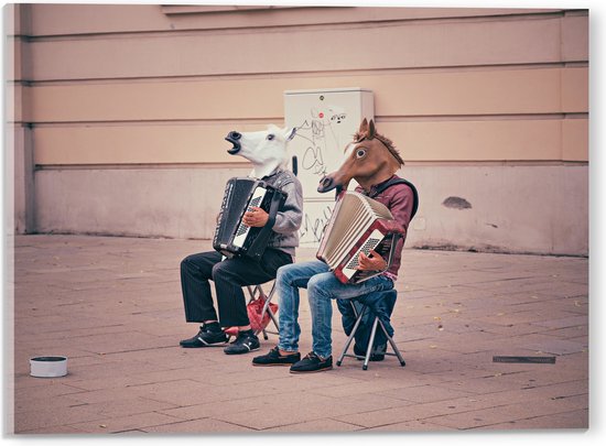 Acrylglas - Twee Personen met Paarden Maskers Spelend op Accordeon - 40x30 cm Foto op Acrylglas (Wanddecoratie op Acrylaat)