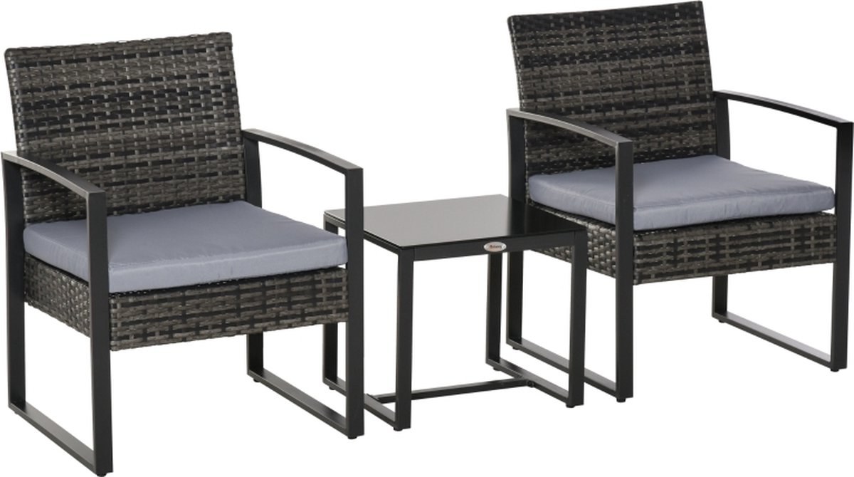 Poly Rattan tuinset in grijs, 3-delig - stoelen en tafel.