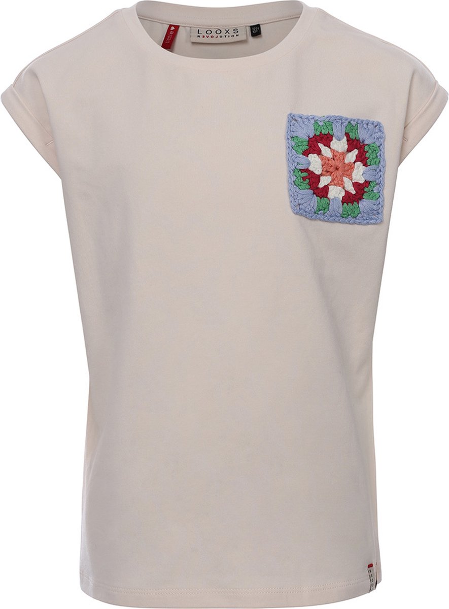 LOOXS T-shirt With Crochet Patch Tops & T-shirts Meisjes - Shirt - Ecru - Maat 128