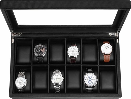 SONGMICS Uhrenbox mit 2 Ebenen, Uhrenkasten, 12 Fächer und 1 Schublade, Glasdeckel, Uhrenkoffer, für Ringe, Armbänder, Samtfutter in Beige, Pu-Bezug in Schwarz JWB012
