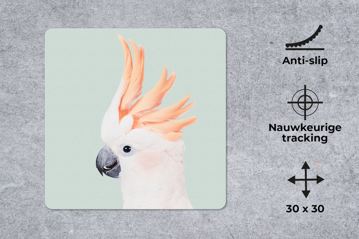 Muismat 30x30 cm - Mousepad Kaketoe - Dieren - Natuur - Wit - Muismatten