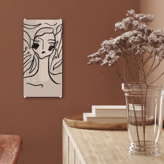 MuchoWow® Glasschilderij 20x40 cm - Schilderij acrylglas - Line art - Pastel - Zwart - Portret - Foto op glas - Schilderijen