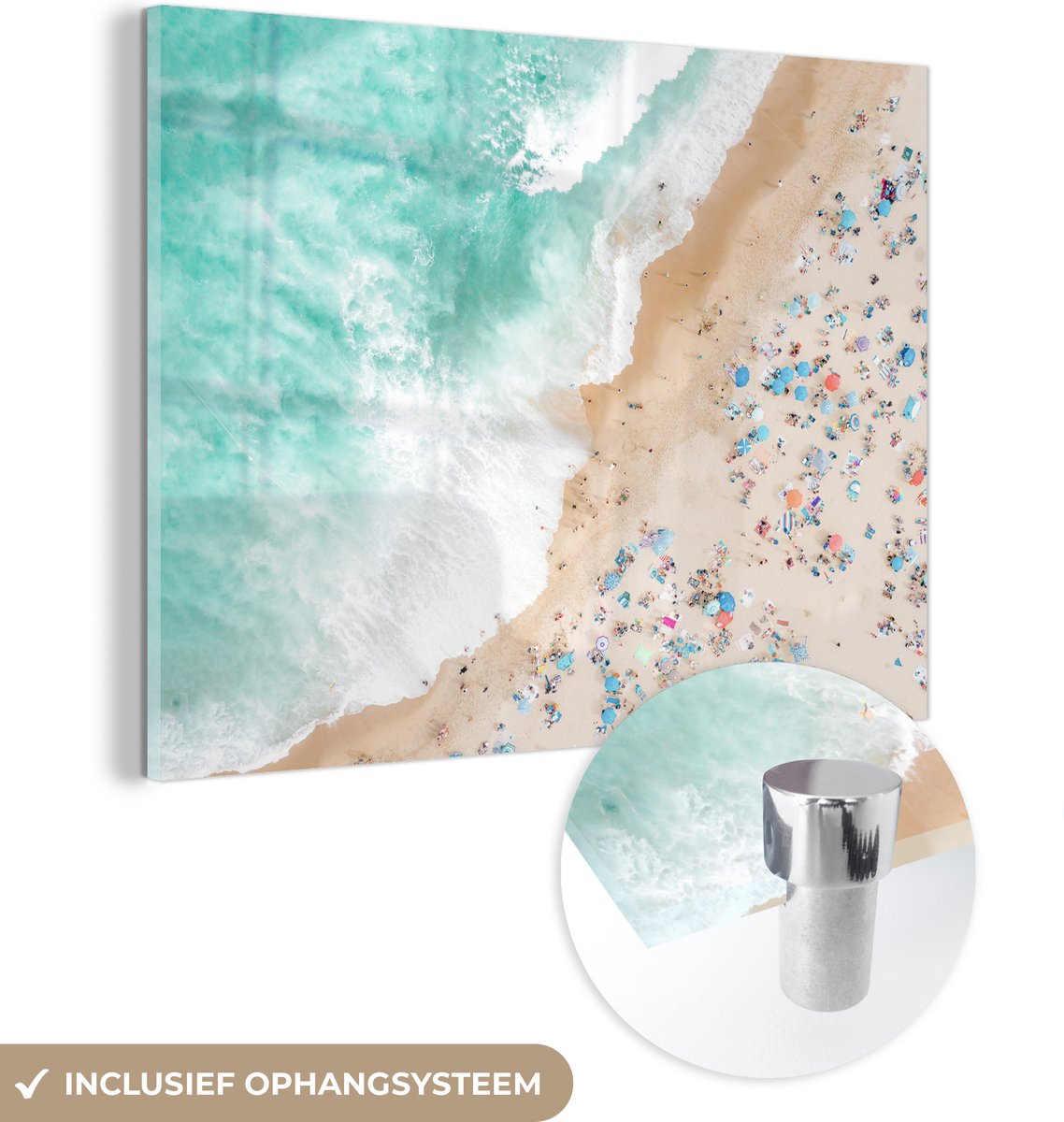 MuchoWow® Glasschilderij 160x120 cm - Schilderij acrylglas - Zee - Strand - Parasols - Zomer - Foto op glas - Schilderijen