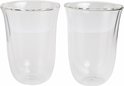 Twee lege DeLonghi latte macchiato glazen met dubbele wand, van helder glas.