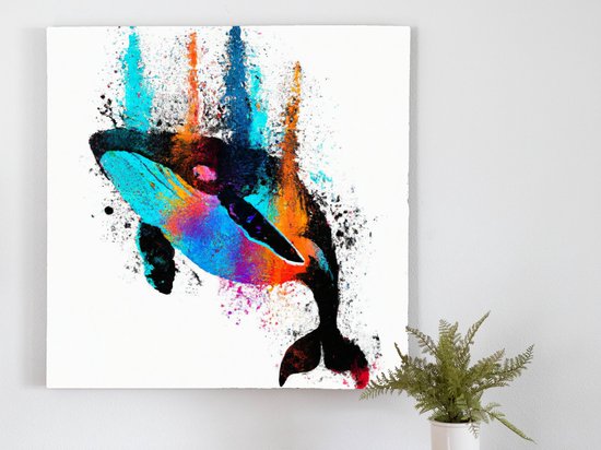 Whale splashing in colors kunst - 100x100 centimeter op Canvas | Foto op Canvas - wanddecoratie