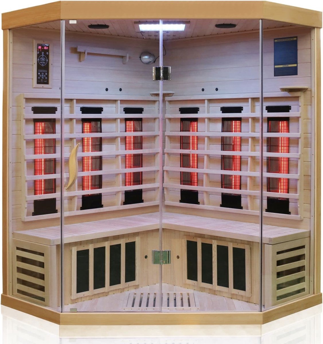 MARA Infraroodcabine - 2/4 personen - Dual Therm - Hemlock Hout - Volspectrumstraler - LED-kleurlicht, Bluetooth, FM, MP3, USB - 140 x 140 x 190 cm