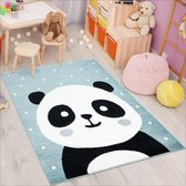 Flycarpets Playful Pals Kids - Blauw Panda Vloerkleed Kinderkamer / Babykamer - Laagpolig Kindervloerkleed 80x150 cm