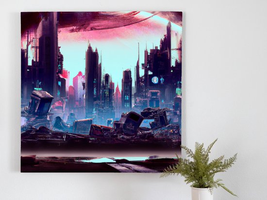 The collapse of progress a cyber citys descent into chaos | The Collapse of Progress: A Cyber City's Descent into Chaos | Kunst - 60x60 centimeter op Canvas | Foto op Canvas