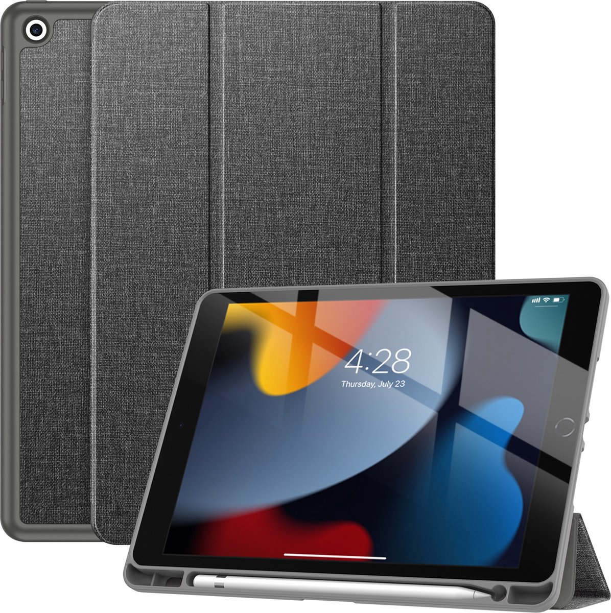 Geschikt Voor iPad 9/8/7 Hoes - 9e/8e/7e Generatie - 2021/2020/2019 - 10.2 Inch - Solidenz Trifold Bookcase - Cover - Case Met Autowake - Hoesje Met Pencil Houder - A2757 - A2777 - A2696 - Grijs
