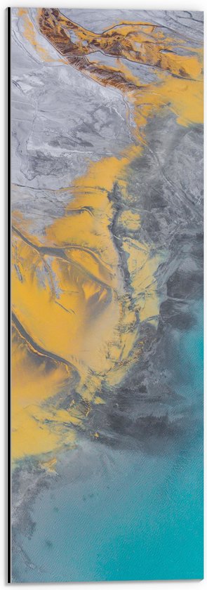 Dibond - Abstract Bruin, Geel en Blauwe Vlekken - 20x60 cm Foto op Aluminium (Met Ophangsysteem)