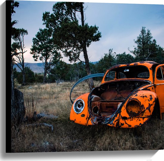 Canvas - Kapotte Oranje Auto in landschap - 60x60 cm Foto op Canvas Schilderij (Wanddecoratie op Canvas)