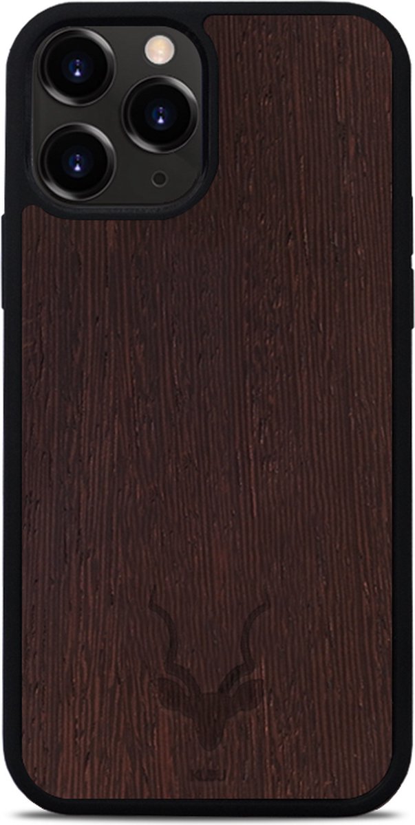 Kudu iPhone 14 Pro hoesje case - Houten backcover - Handgemaakt en afgewerkt met duurzaam TPU - Wengé - Zwart
