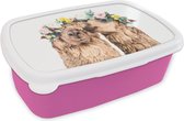 Broodtrommel Roze - Lunchbox - Brooddoos - Alpaca - Bloemen - Dieren - Natuur - 18x12x6 cm - Kinderen - Meisje