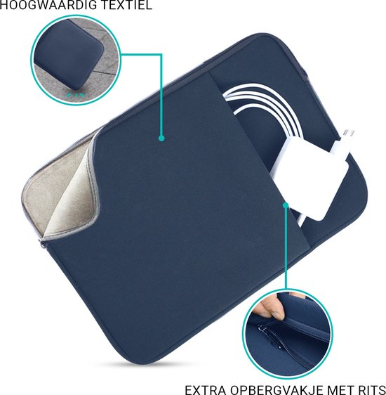 Donkerblauwe laptoptas met opengewerkt voorvak waarin een oplader en kabels zitten. Binnenkant is beige.
