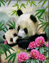 Denza - Diamond painting Panda familie 40 x 50 cm volledige bedrukking ronde steentjes direct leverbaar - panda - verliefd - natuur - zee - bamboe