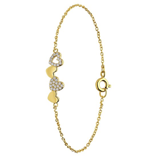 Bracelet Lucardi Ladies Gold 4 coeurs zircone - Bracelet - Argent 925 - Doré - 18,5 cm