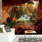 Fotobehang - Vlies Behang - 3D Uitzicht op de Waterval in het Bos vanuit de Grot - 368 x 254 cm