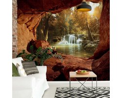 Fotobehang - Vlies Behang - 3D Uitzicht op de Waterval in het Bos vanuit de Grot - 368 x 254 cm