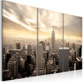 Schilderij - New York City - Prachtige Zonsondergang, Beige, 3luik, premium print