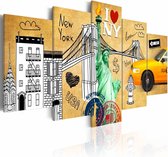 Schilderij - New York City - I love NY, Geel, 5luik, premium print