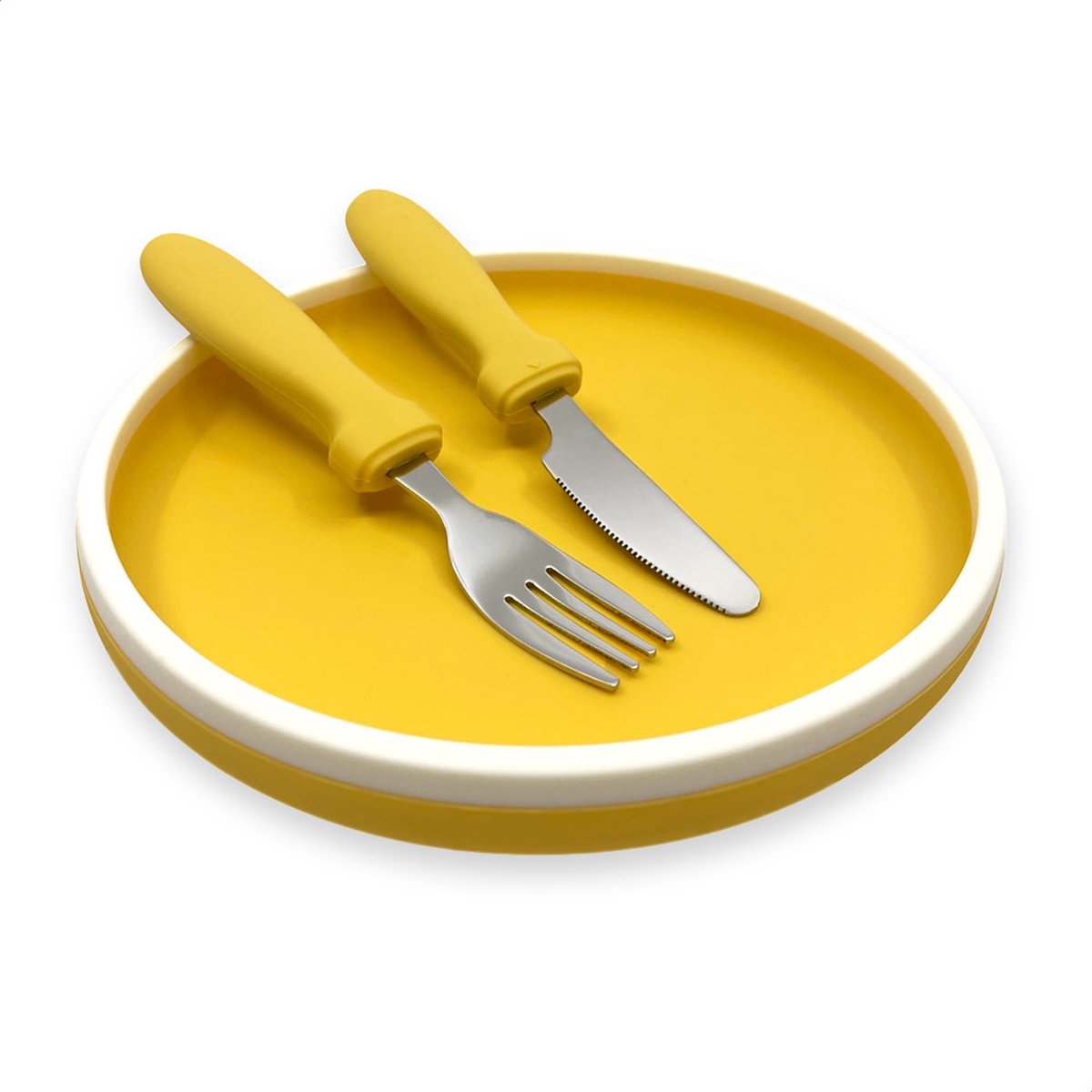 Smikkels - Siliconen bordje met mes en vork - Veilig Kinderservies - kinderbordje - kinderbestek - Duurzaam - Kleuter - Peuter - Geel