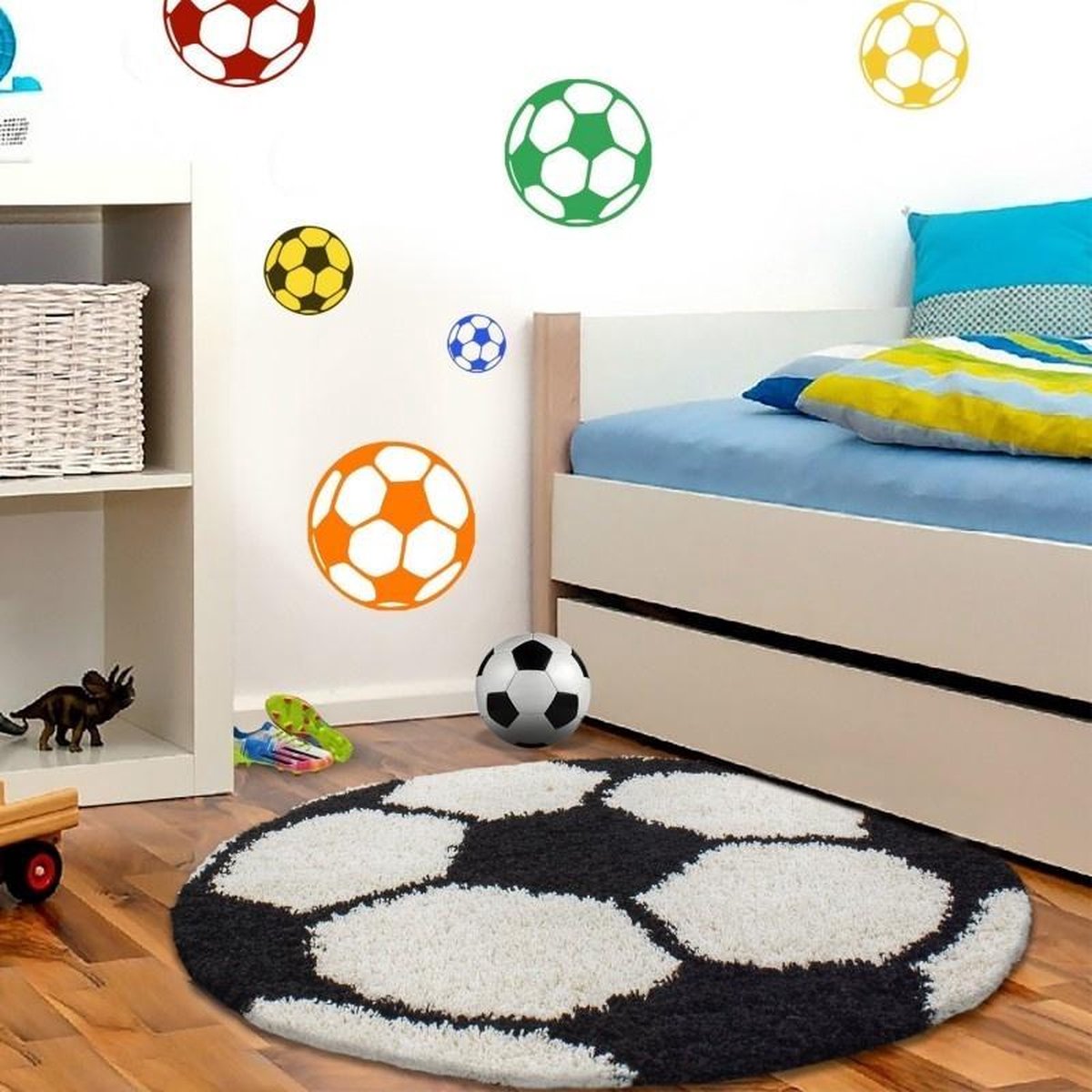 Kinderkleed, voetbaldesign, zwart, kinderkamerkleed, jute achterkant, afmeting: 100 cm rond
