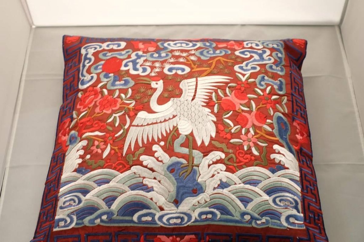 Fine Asianliving Chinese Kussen Volledig Geborduurd Rood Kraanvogel 45x45cm