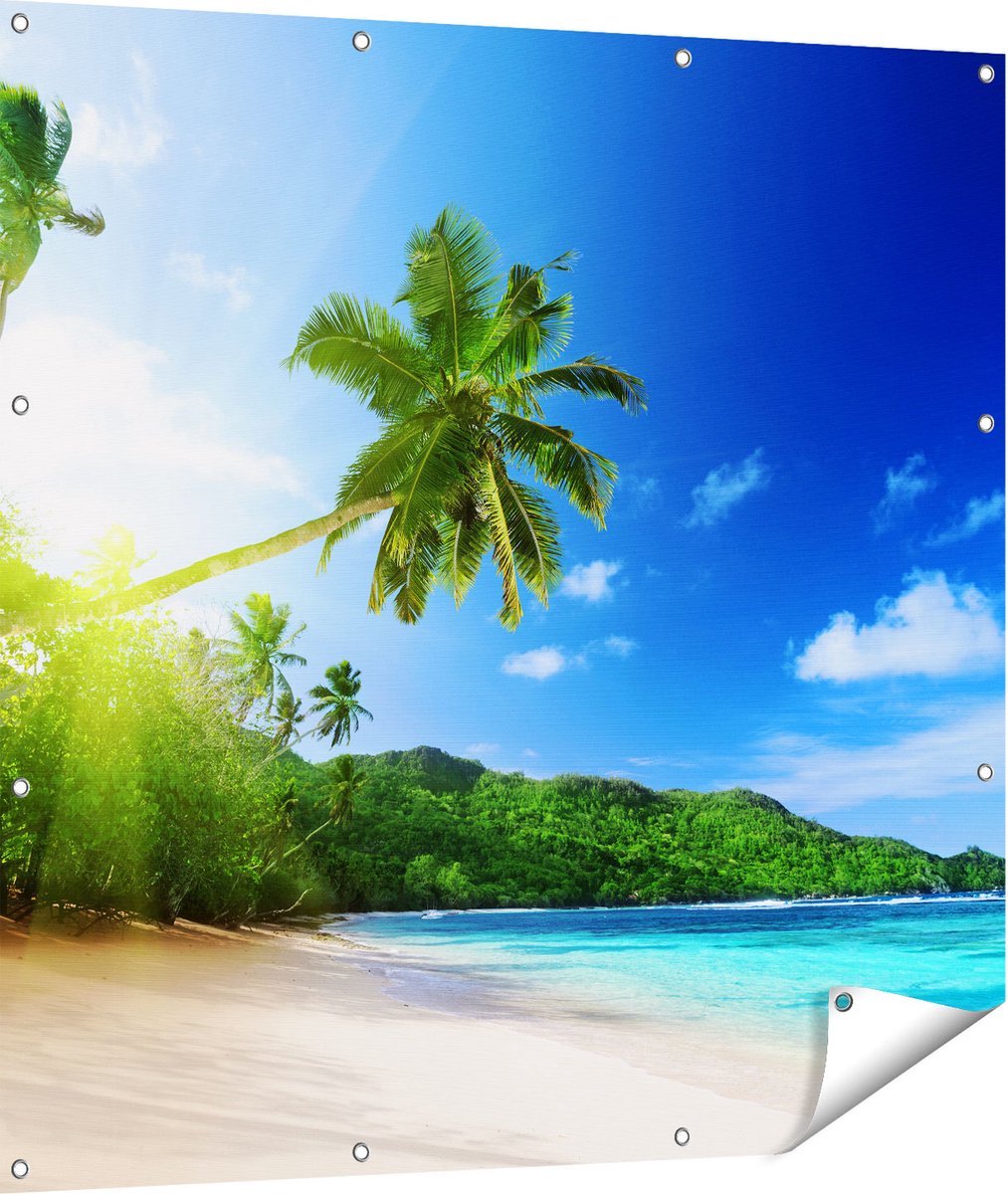 Gards Tuinposter Strand tijdens Zonsondergang in Seychellen - 110x110 cm - Tuindoek - Tuindecoratie - Wanddecoratie buiten - Tuinschilderij Multikleur
